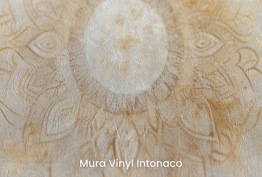 Zbliżenie na artystyczną fototapetę o nazwie Golden Radiance na podłożu Mura Vinyl Intonaco - struktura tartego tynku.