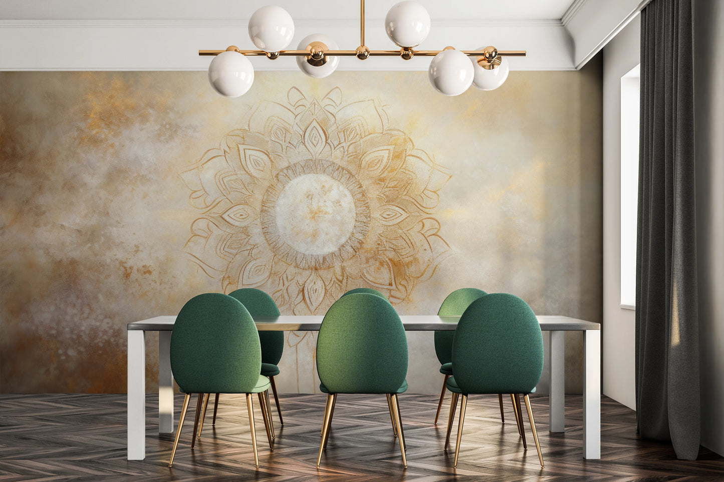 Fototapeta malowana o nazwie Golden Radiance pokazana w aranżacji wnętrza.