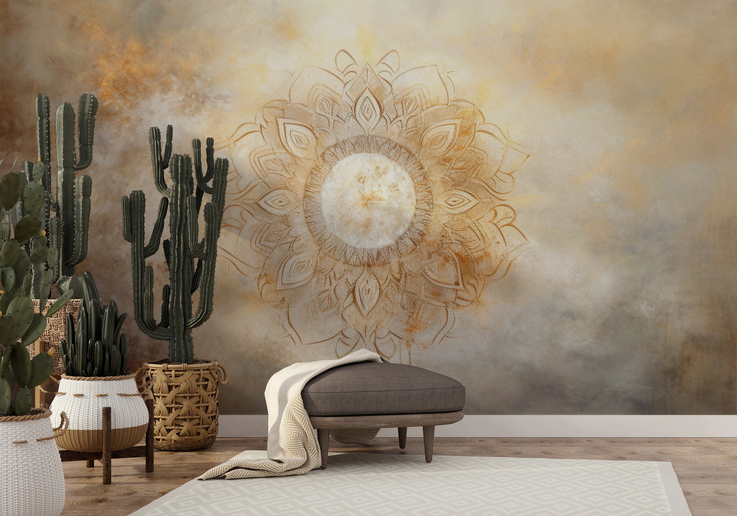 Wzór fototapety artystycznej o nazwie Golden Radiance pokazanej w aranżacji wnętrza.