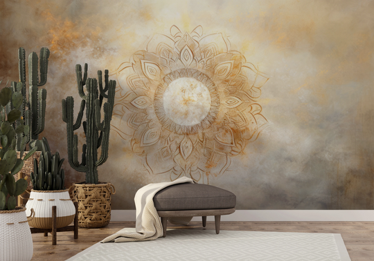 Wzór fototapety artystycznej o nazwie Golden Radiance pokazanej w aranżacji wnętrza.