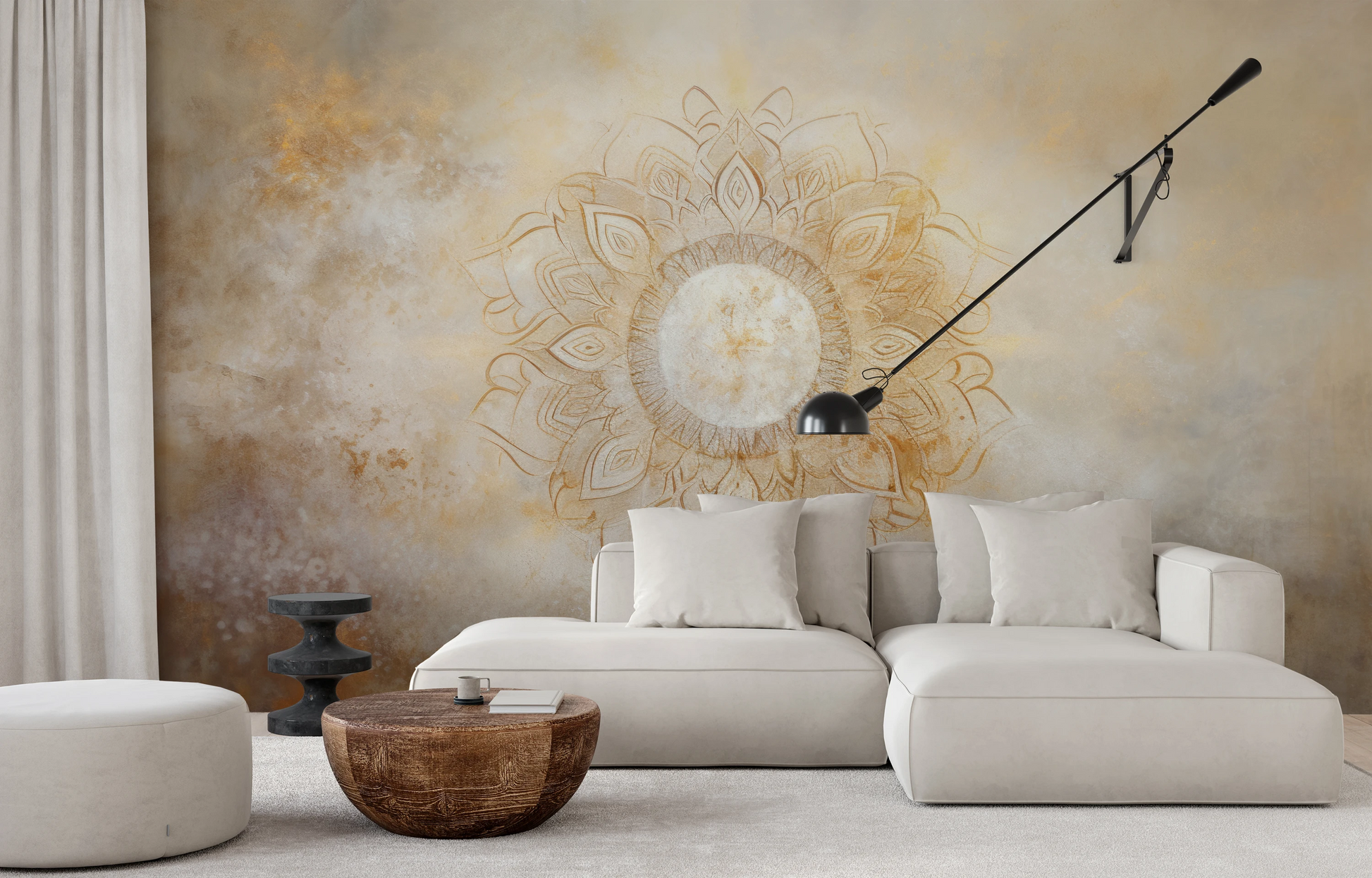 Fototapeta artystyczna o nazwie Golden Radiance pokazana w aranżacji wnętrza.