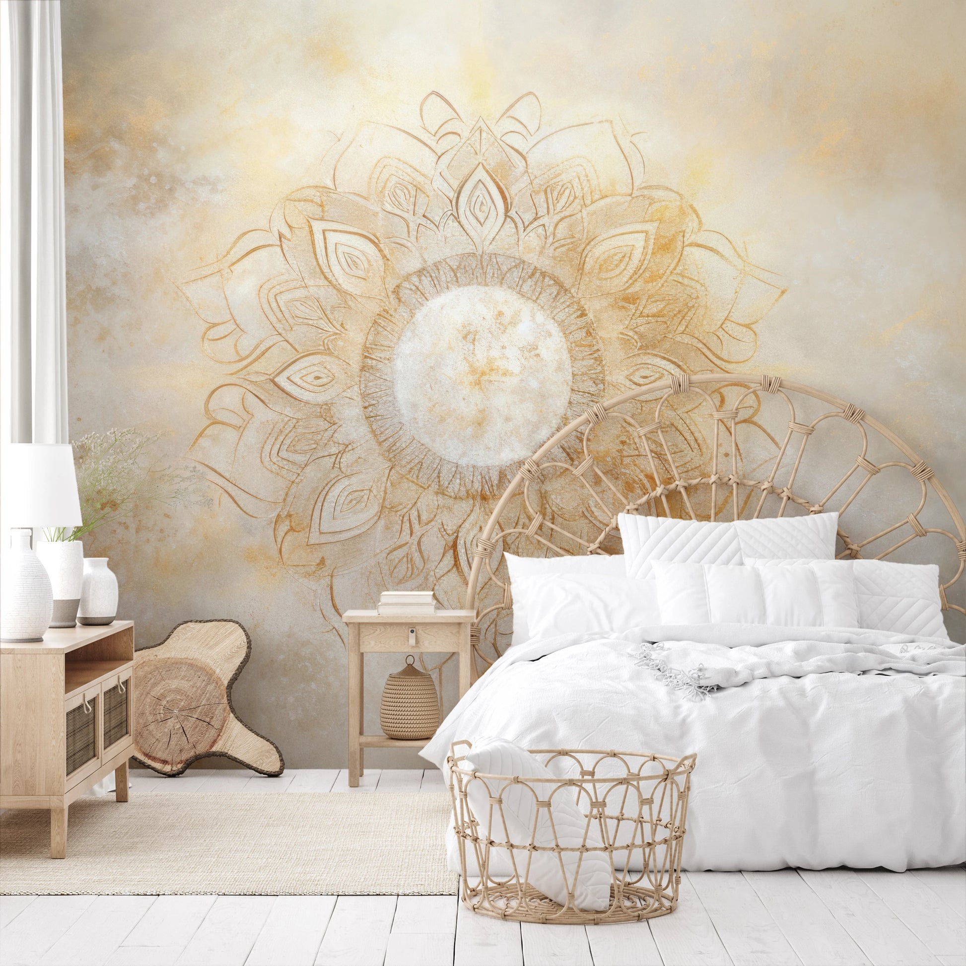 Wzór fototapety artystycznej o nazwie Golden Radiance pokazanej w aranżacji wnętrza.