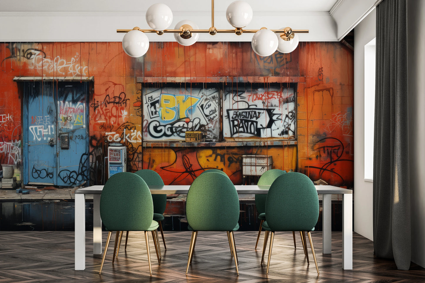 Wzór fototapety o nazwie Graffiti Panorama pokazanej w kontekście pomieszczenia.