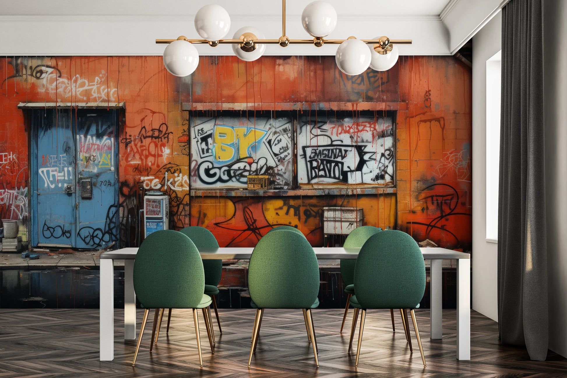 Wzór fototapety o nazwie Graffiti Panorama pokazanej w kontekście pomieszczenia.