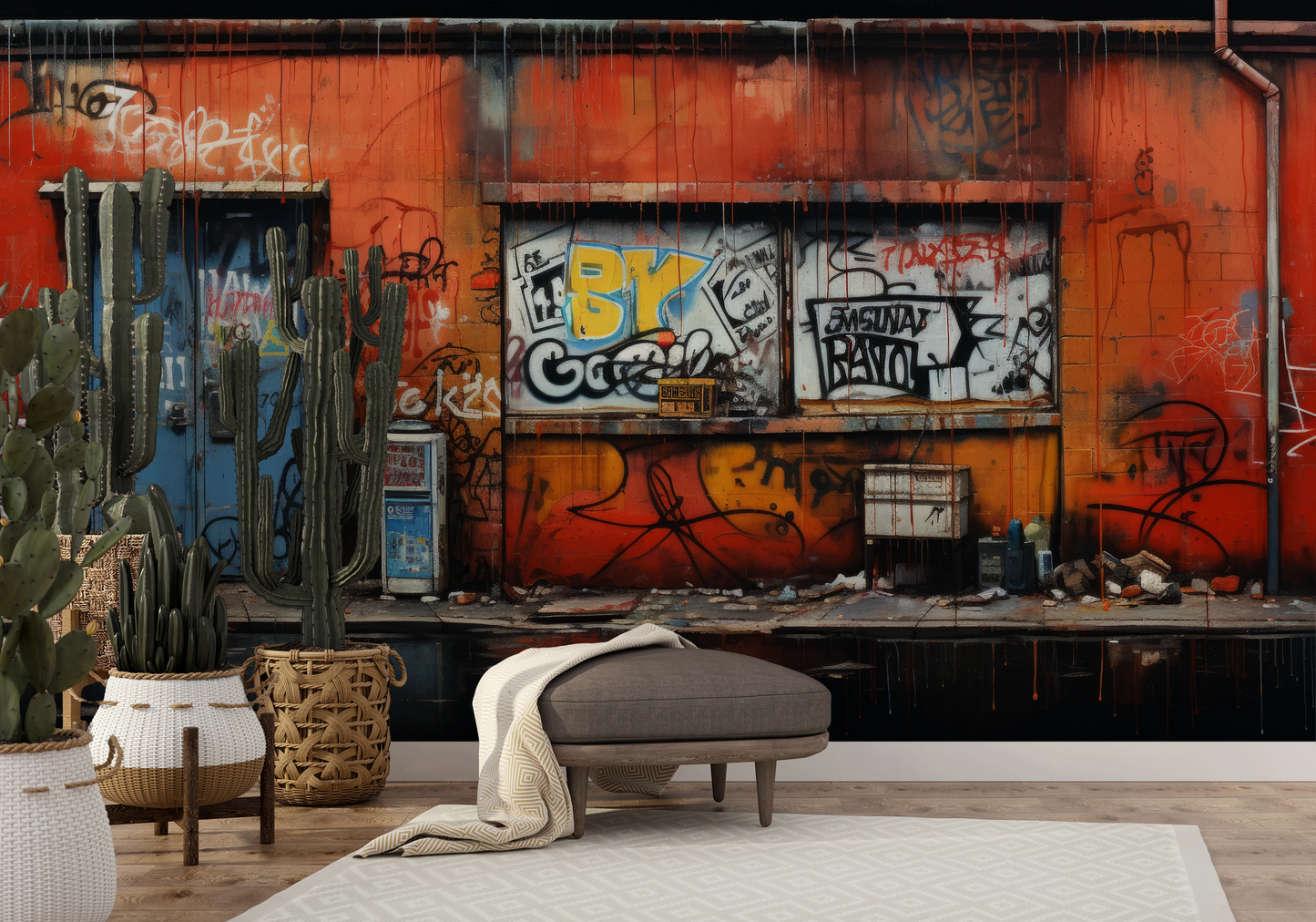 Wzór fototapety malowanej o nazwie Graffiti Panorama pokazanej w aranżacji wnętrza.
