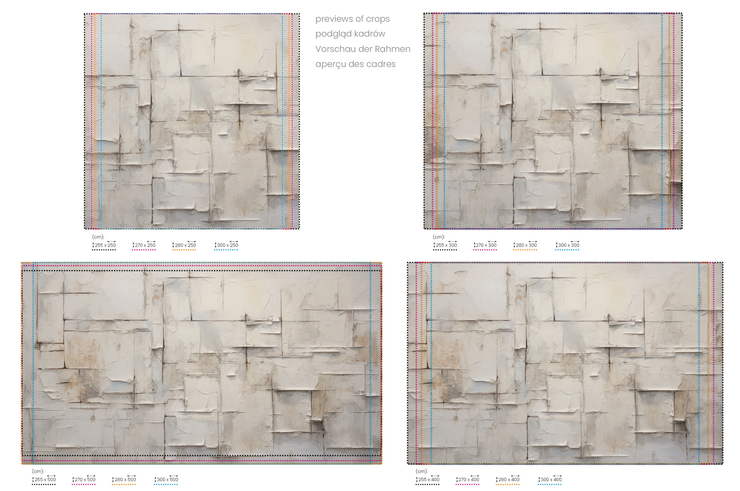 Na obrazie znajduje się prezentacja przykładowych rozmiarów fototapety o nazwie Ivory Patchwork. Rozmiar fototapety jest dowolny.