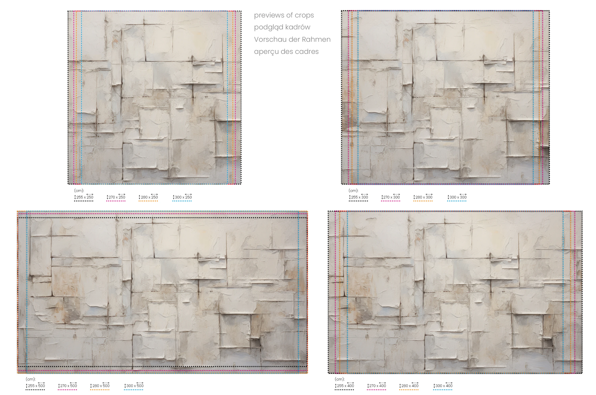 Na obrazie znajduje się prezentacja przykładowych rozmiarów fototapety o nazwie Ivory Patchwork. Rozmiar fototapety jest dowolny.