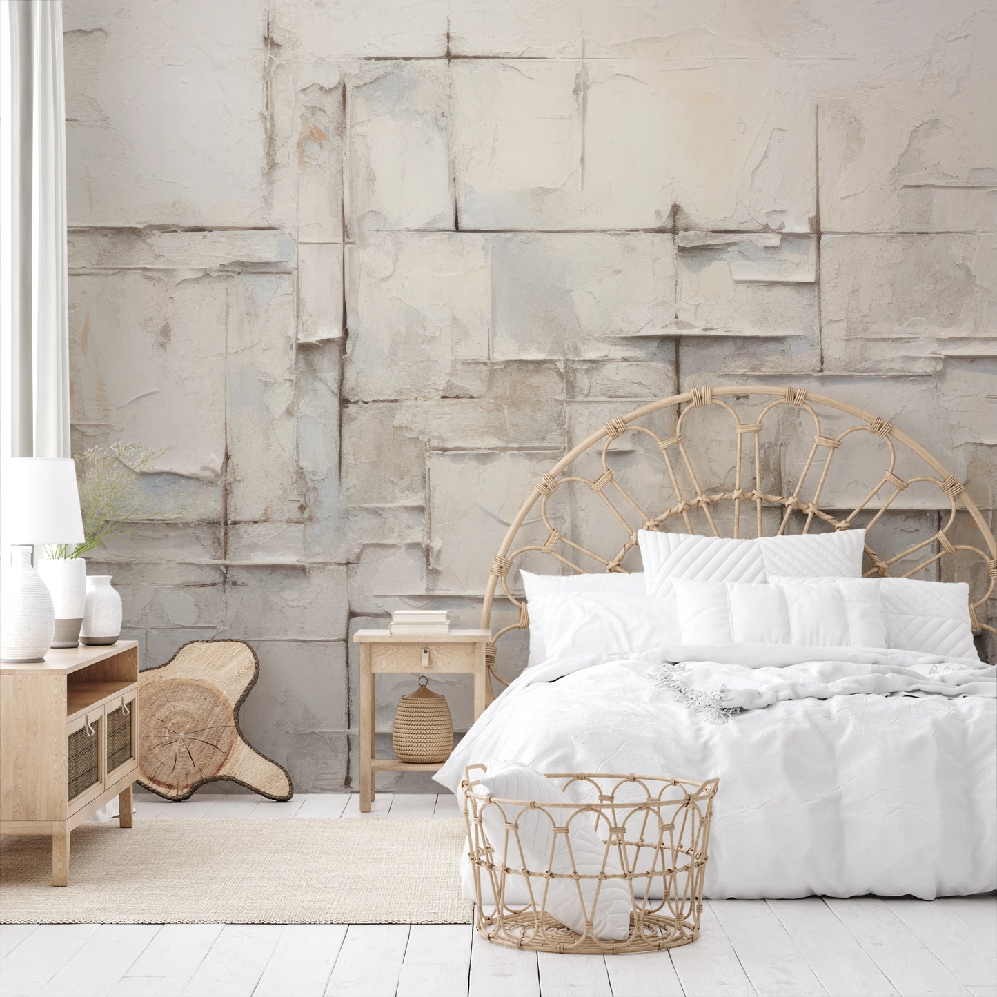 Wzór fototapety malowanej o nazwie Ivory Patchwork pokazanej w aranżacji wnętrza.
