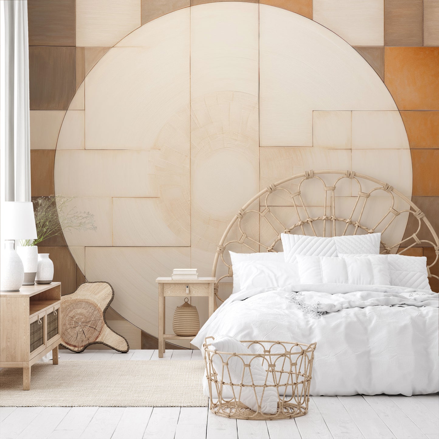 Wzór fototapety artystycznej o nazwie WOODEN PATCHWORK SOLARIS pokazanej w aranżacji wnętrza.