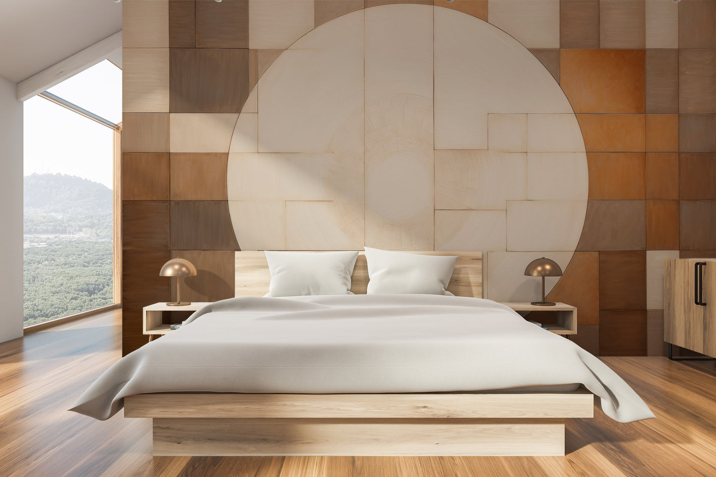 Wzór fototapety artystycznej o nazwie WOODEN PATCHWORK SOLARIS pokazanej w aranżacji wnętrza.