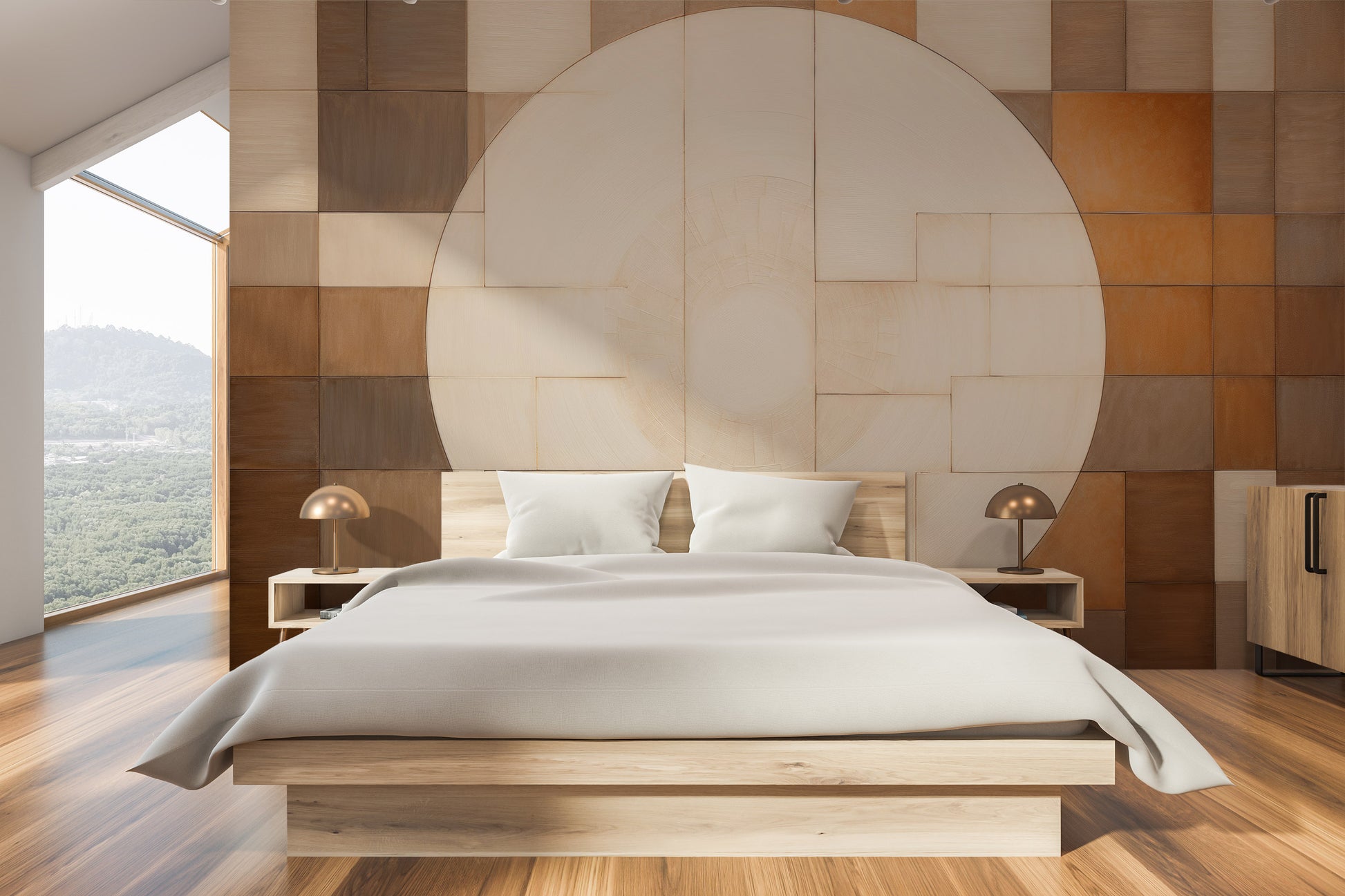 Wzór fototapety artystycznej o nazwie WOODEN PATCHWORK SOLARIS pokazanej w aranżacji wnętrza.