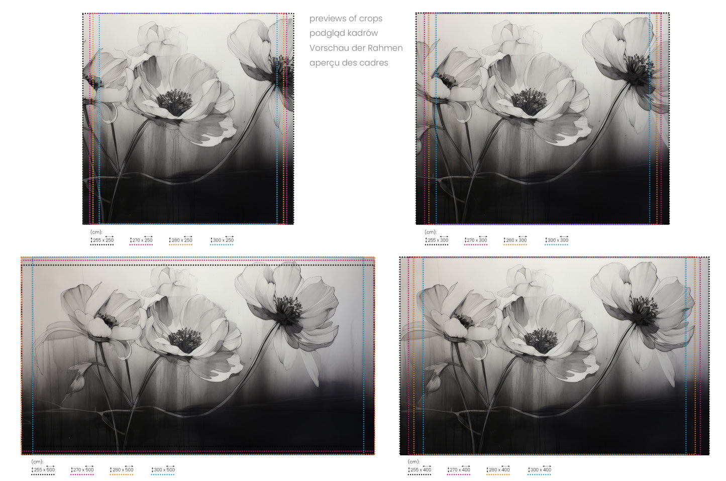 Na obrazie znajduje się prezentacja przykładowych rozmiarów fototapety o nazwie ETHEREAL FLORAL INK DANCE. Rozmiar fototapety jest dowolny.