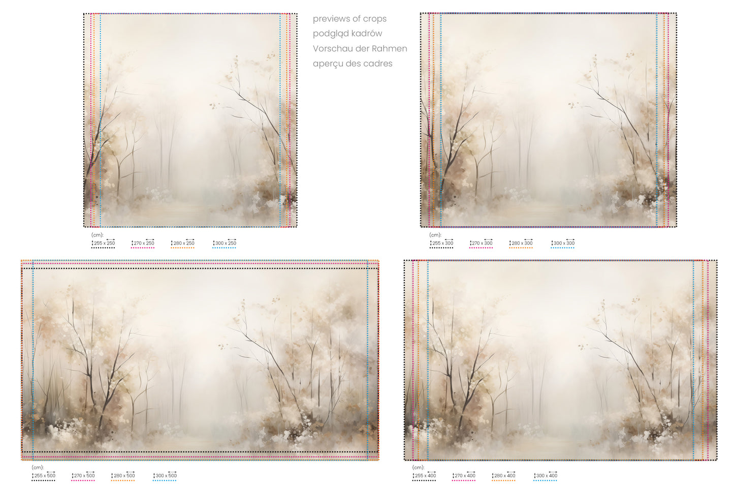 Na obrazie znajduje się prezentacja przykładowych rozmiarów fototapety o nazwie AUTUMNAL MORNING HAZE MURAL. Rozmiar fototapety jest dowolny.