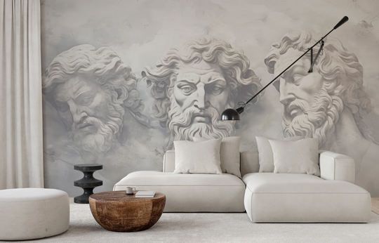 Wzór fototapety artystycznej o nazwie Sages of Antiquity pokazanej w aranżacji wnętrza.