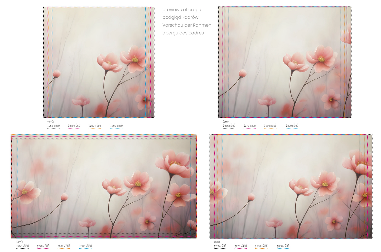 Na obrazie znajduje się prezentacja przykładowych rozmiarów fototapety o nazwie Dreamy Flora. Rozmiar fototapety jest dowolny.