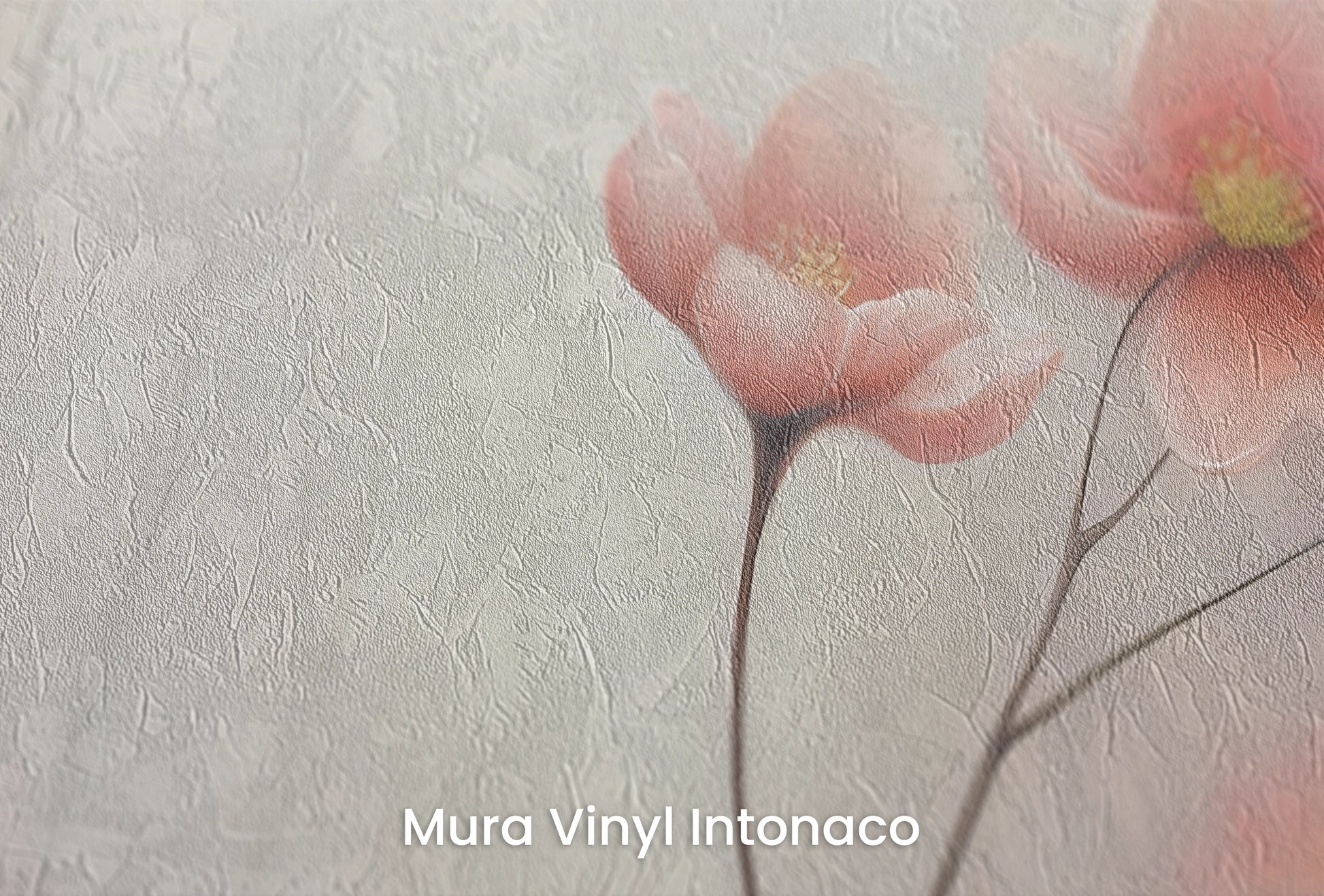 Zbliżenie na artystyczną fototapetę o nazwie Dreamy Flora na podłożu Mura Vinyl Intonaco - struktura tartego tynku.