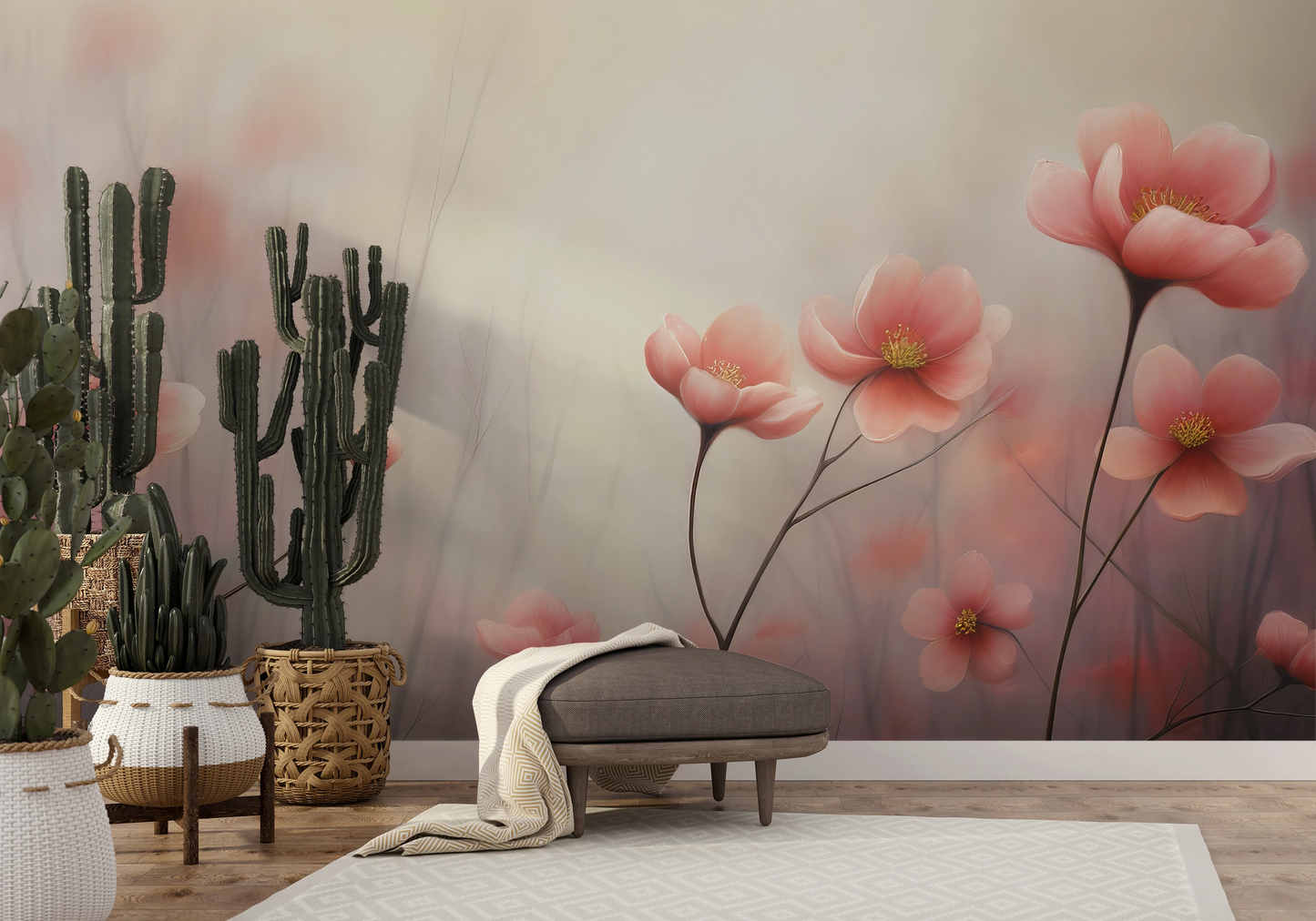 Fototapeta artystyczna o nazwie Dreamy Flora pokazana w aranżacji wnętrza.
