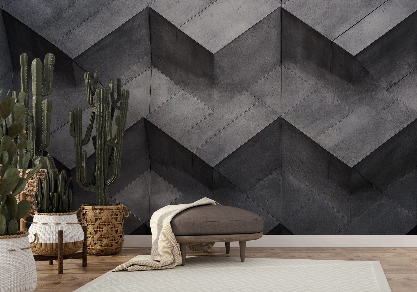 Wzór fototapety artystycznej o nazwie Zigzag Concrete pokazanej w aranżacji wnętrza.