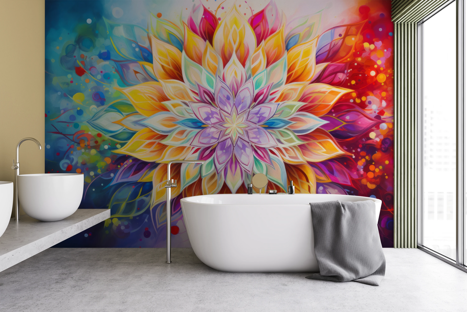 Fototapeta artystyczna o nazwie Luminous Petals pokazana w aranżacji wnętrza.
