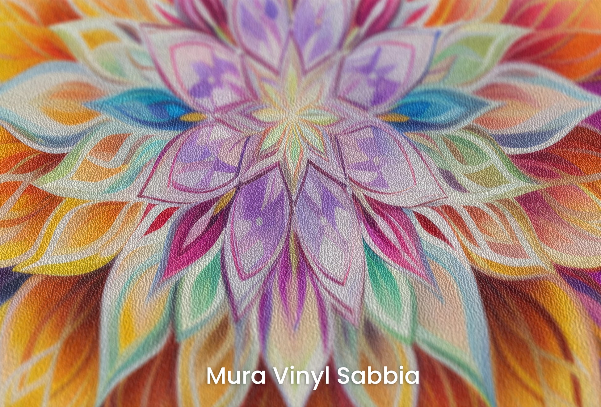 Zbliżenie na artystyczną fototapetę o nazwie Luminous Petals na podłożu Mura Vinyl Sabbia struktura grubego ziarna piasku.