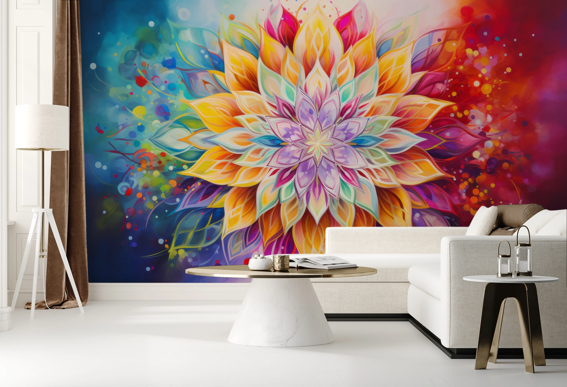 Wzór fototapety o nazwie Luminous Petals pokazanej w kontekście pomieszczenia.
