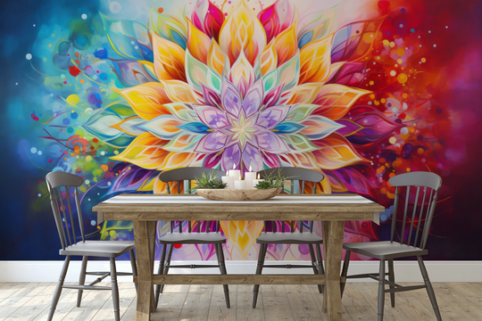 Wzór fototapety artystycznej o nazwie Luminous Petals pokazanej w aranżacji wnętrza.