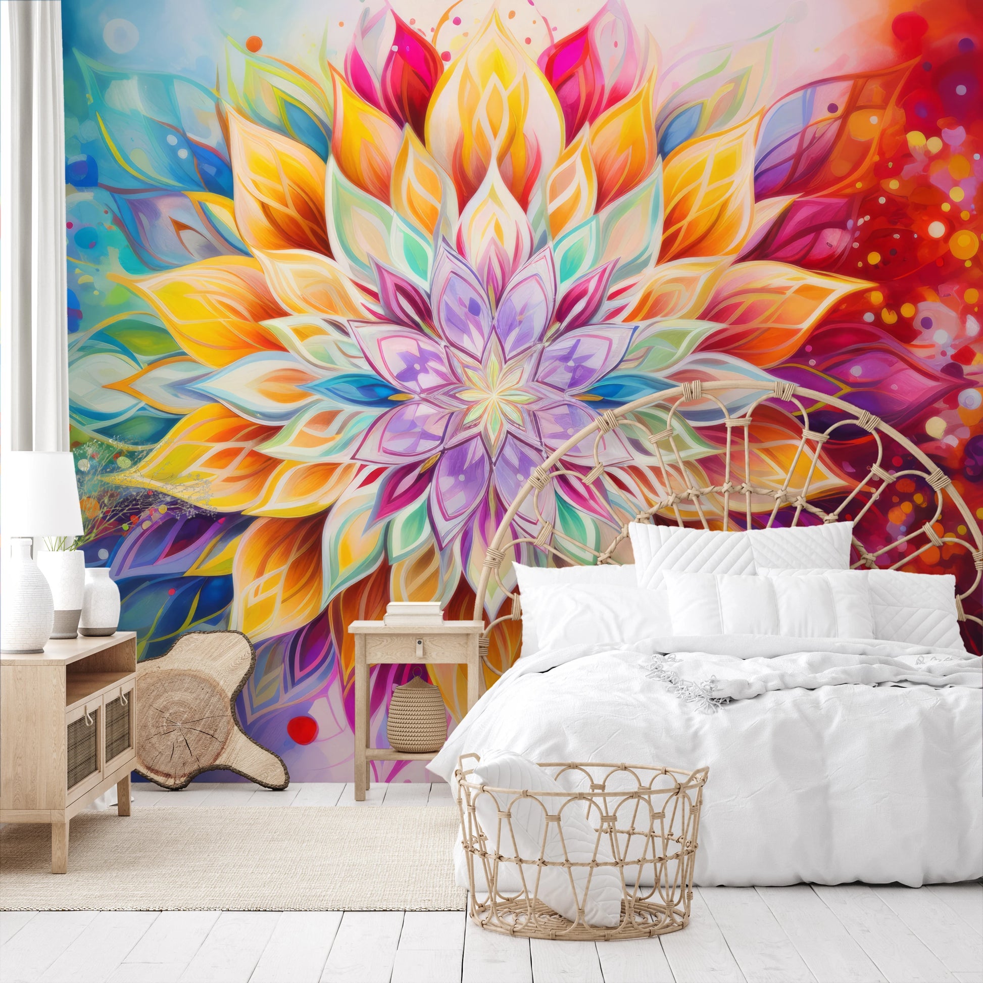 Fototapeta malowana o nazwie Luminous Petals pokazana w aranżacji wnętrza.