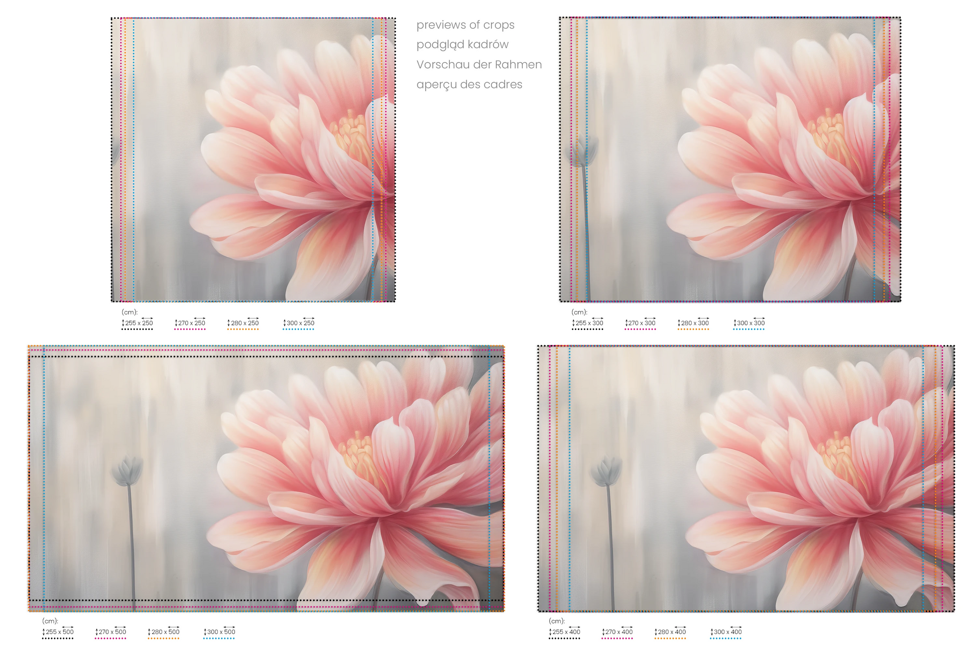 Na obrazie znajduje się prezentacja przykładowych rozmiarów fototapety o nazwie Soft Petal Glow. Rozmiar fototapety jest dowolny.