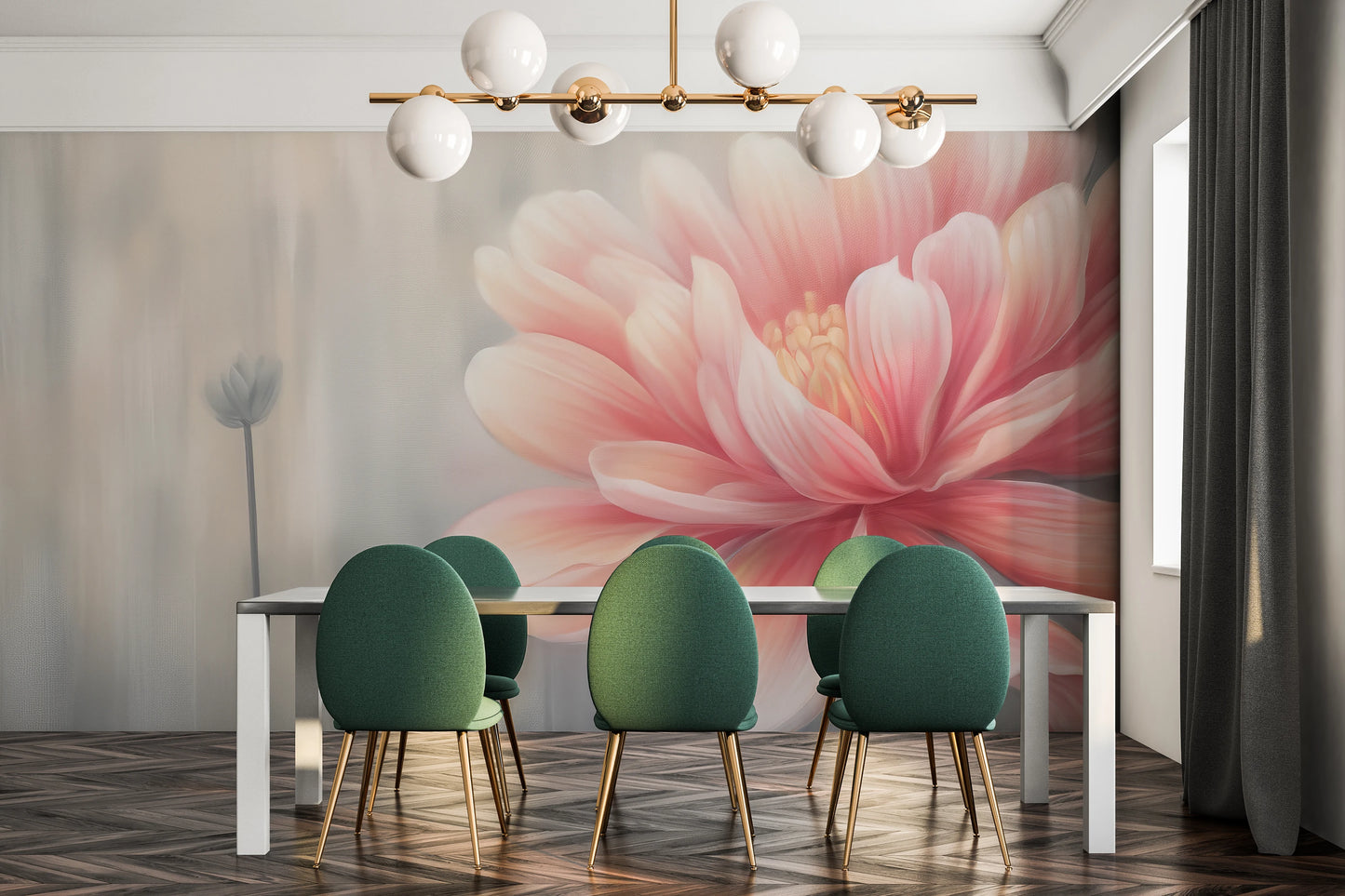 Wzór fototapety malowanej o nazwie Soft Petal Glow pokazanej w aranżacji wnętrza.