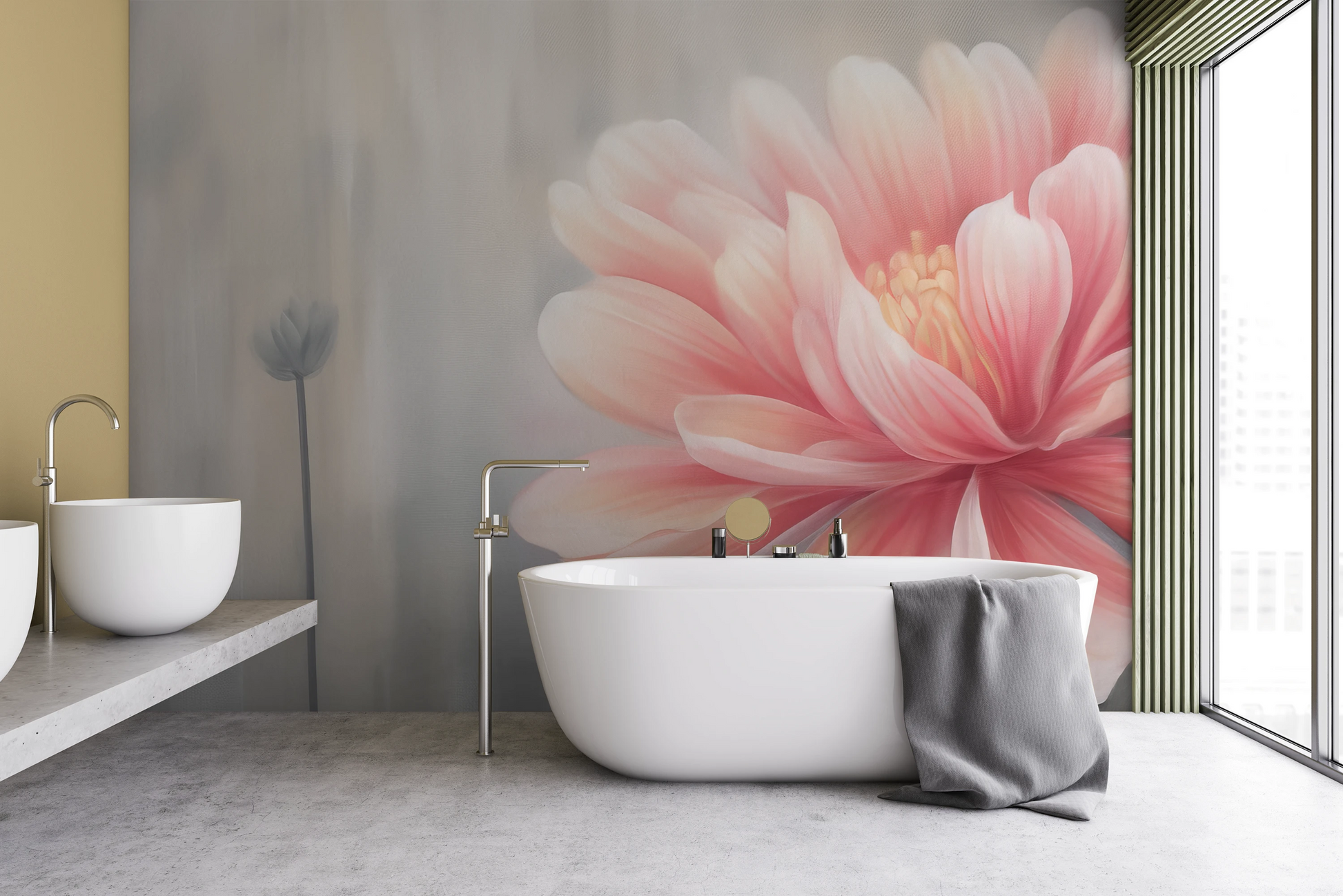 Wzór fototapety o nazwie Soft Petal Glow pokazanej w kontekście pomieszczenia.