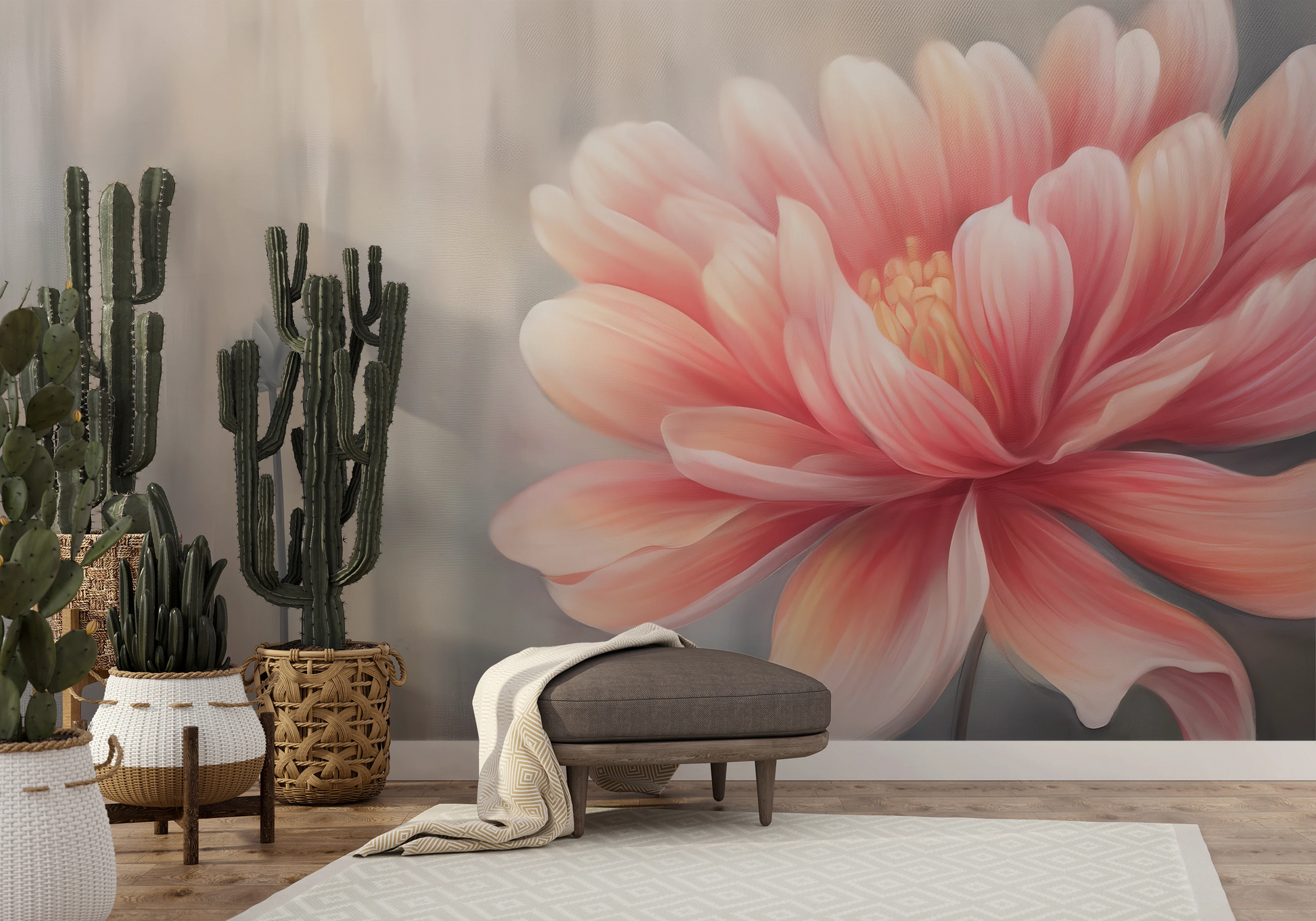 Wzór fototapety artystycznej o nazwie Soft Petal Glow pokazanej w aranżacji wnętrza.