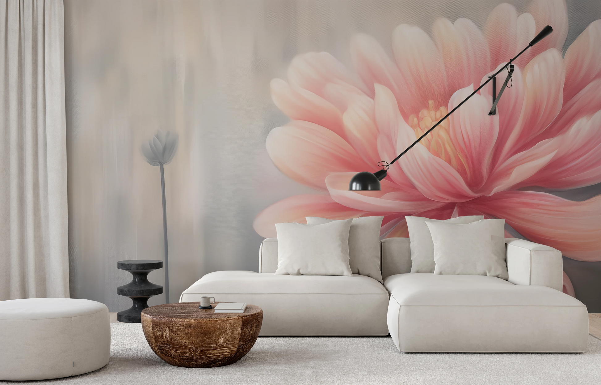 Fototapeta artystyczna o nazwie Soft Petal Glow pokazana w aranżacji wnętrza.