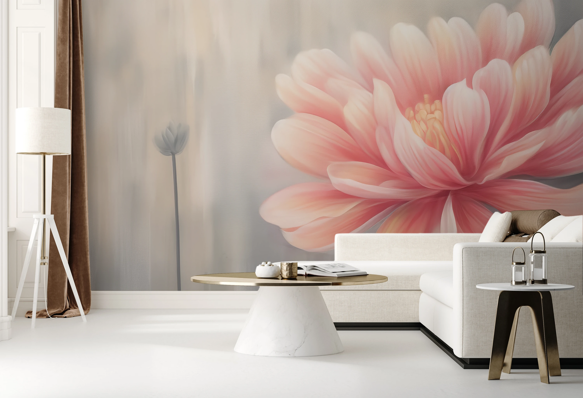 Fototapeta malowana o nazwie Soft Petal Glow pokazana w aranżacji wnętrza.