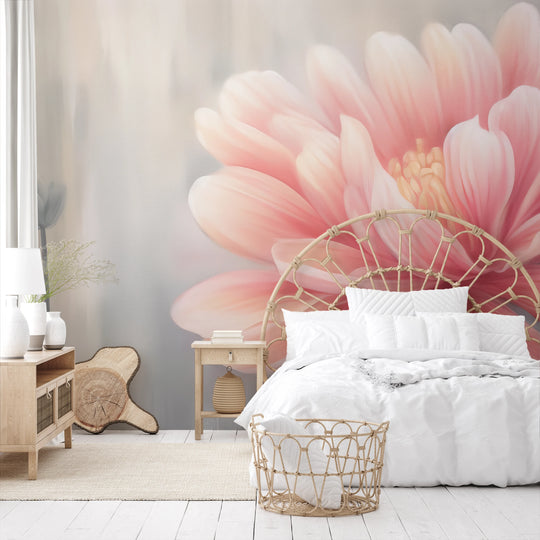 Wzór fototapety artystycznej o nazwie Soft Petal Glow pokazanej w aranżacji wnętrza.