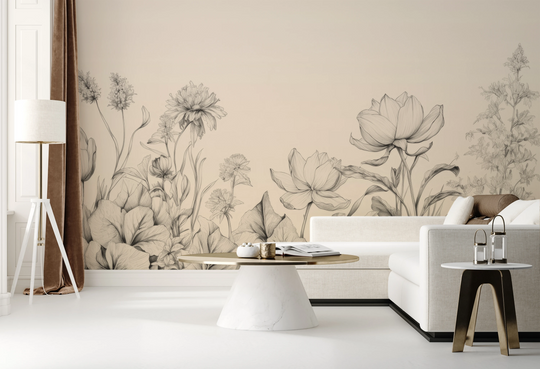 Wzór fototapety artystycznej o nazwie Sublime Flora pokazanej w aranżacji wnętrza.