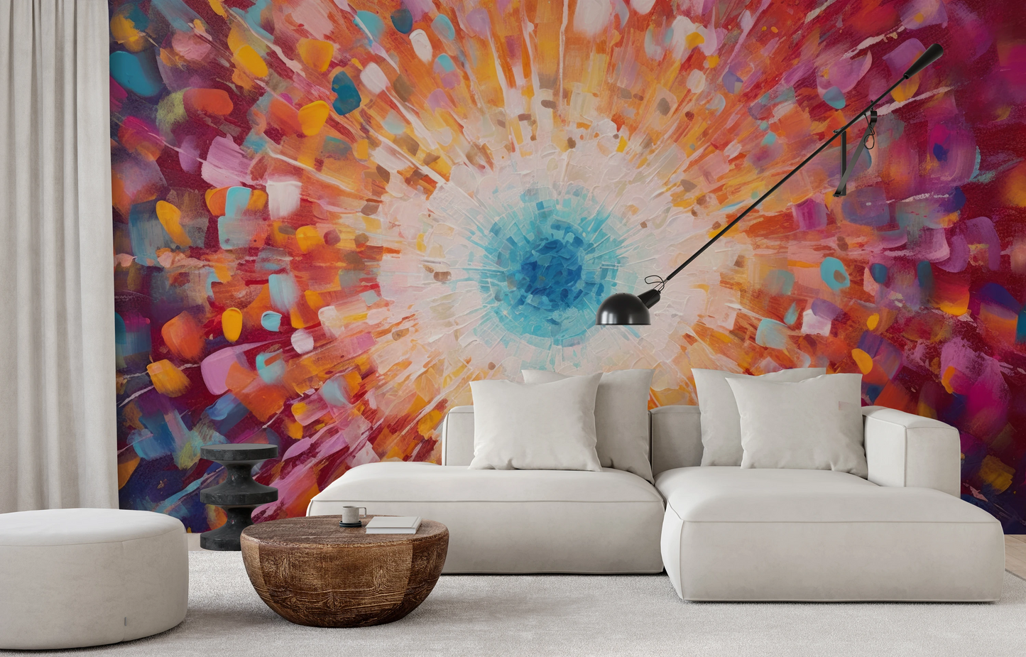 Zdjęcie prezentuje aranżację wnętrza z użyciem fototapety o nazwie Vibrant Mosaic pokazanej w aranżacji wnętrza.