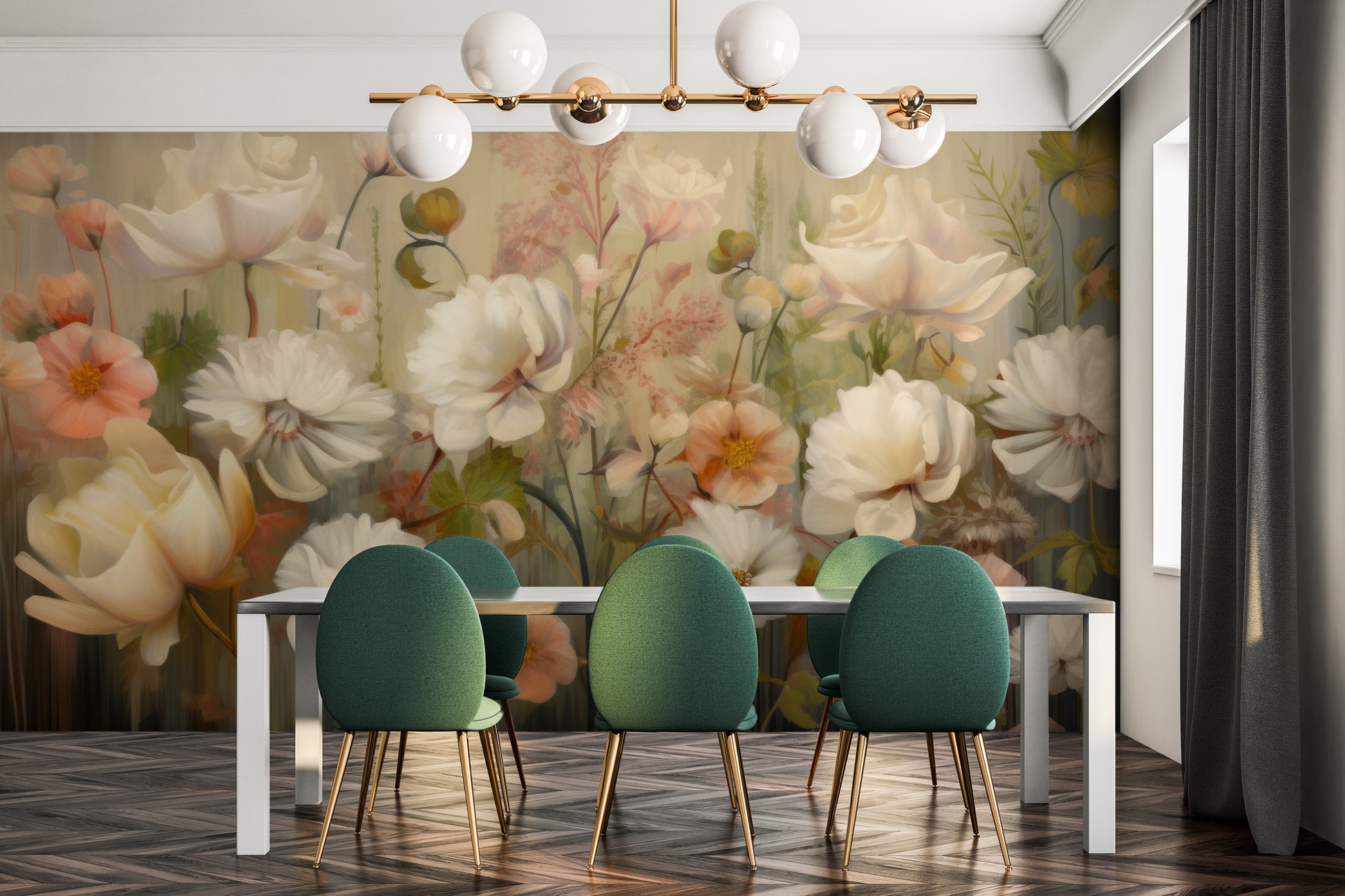 Wzór fototapety artystycznej o nazwie Serene Pastel Bouquet pokazanej w aranżacji wnętrza.
