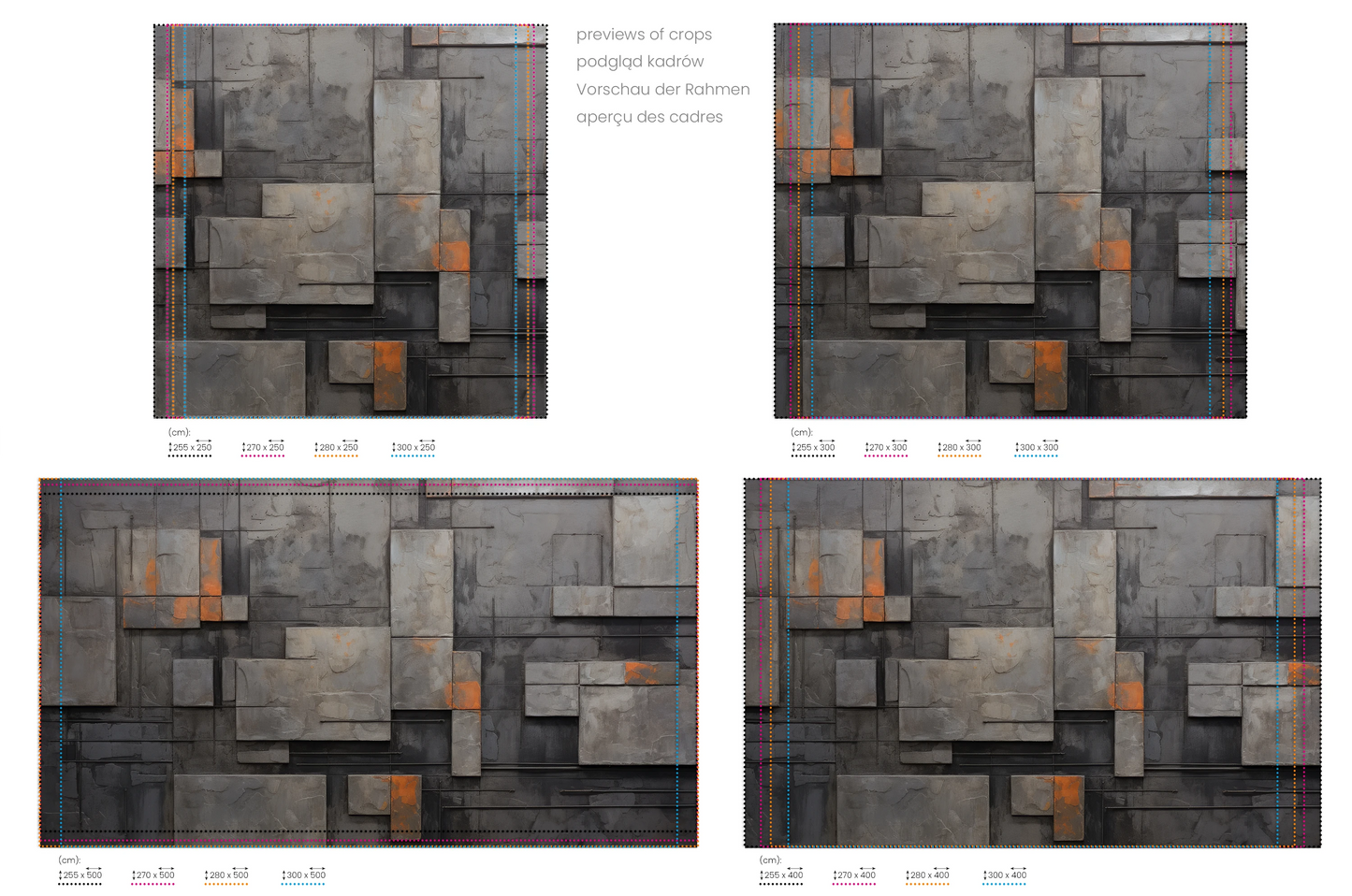 Na obrazie znajduje się prezentacja przykładowych rozmiarów fototapety o nazwie Urban Canvas #2. Rozmiar fototapety jest dowolny.