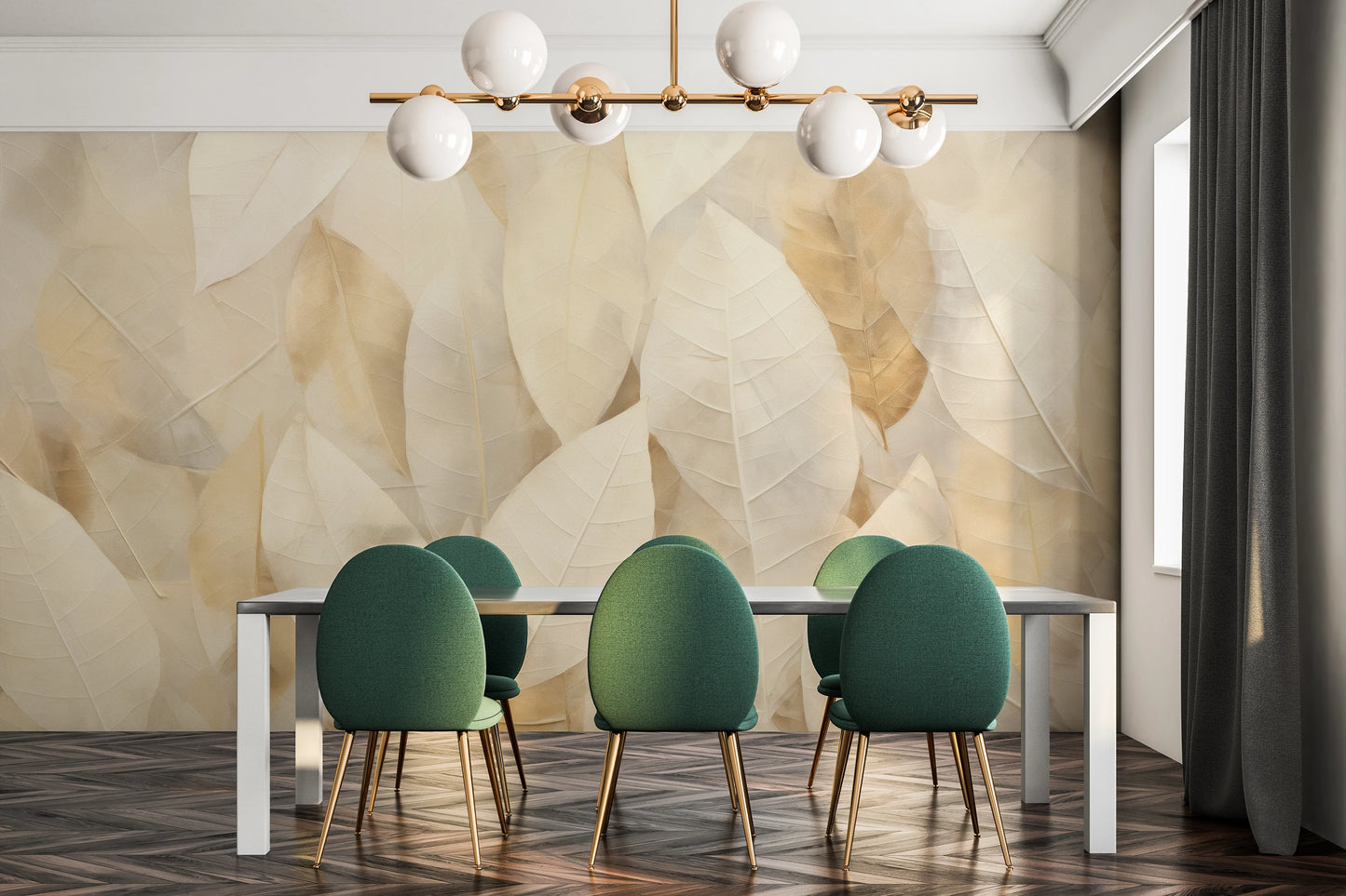 Wzór fototapety o nazwie Creamy Leaves pokazanej w kontekście pomieszczenia.