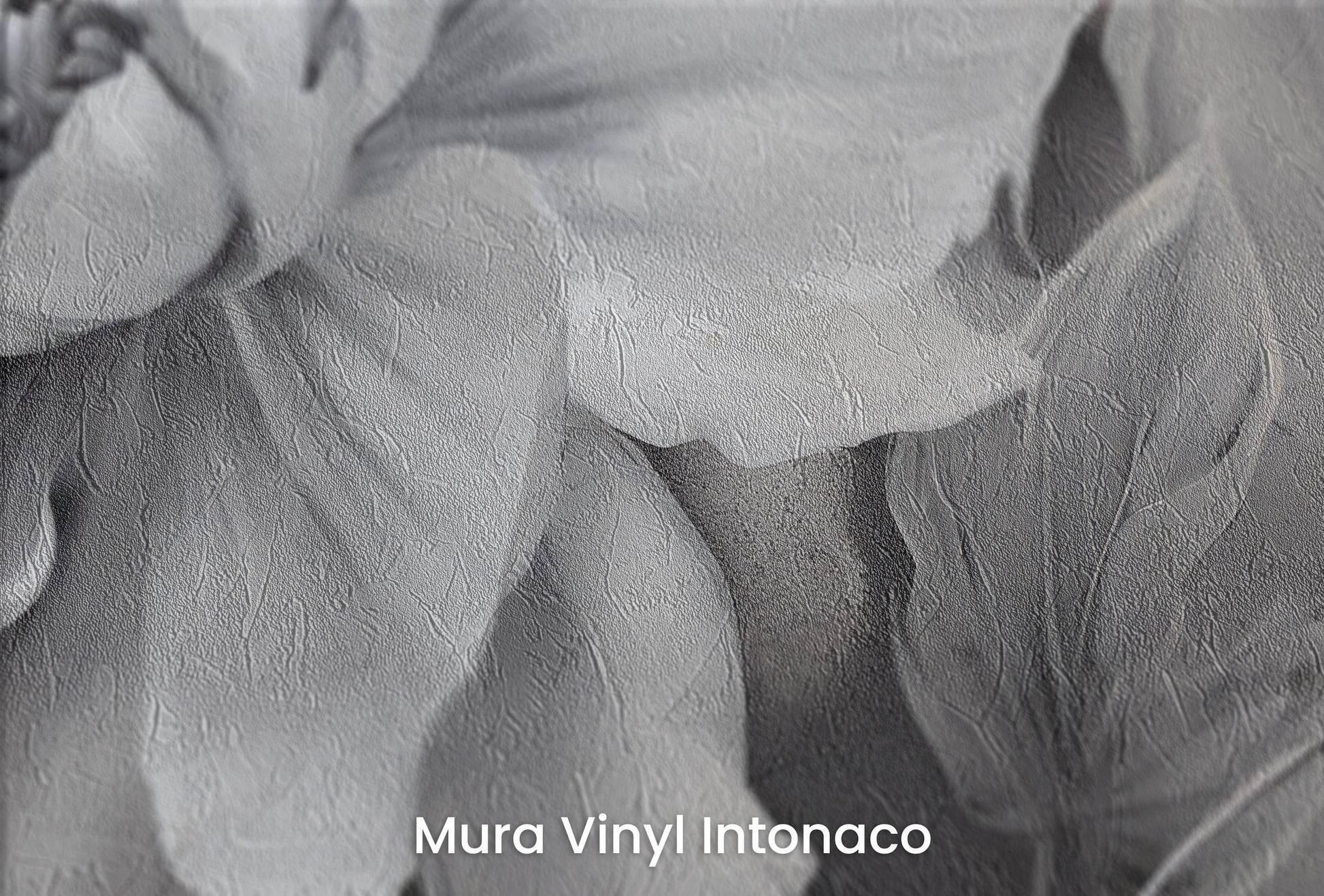 Zbliżenie na artystyczną fototapetę o nazwie NOCTURNAL FLORAL WHISPERS na podłożu Mura Vinyl Intonaco - struktura tartego tynku.