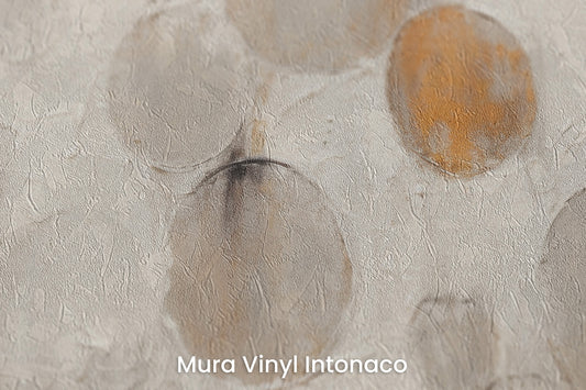 Zbliżenie na artystyczną fototapetę o nazwie RUSTIC ASTRAL SPHERES na podłożu Mura Vinyl Intonaco - struktura tartego tynku.