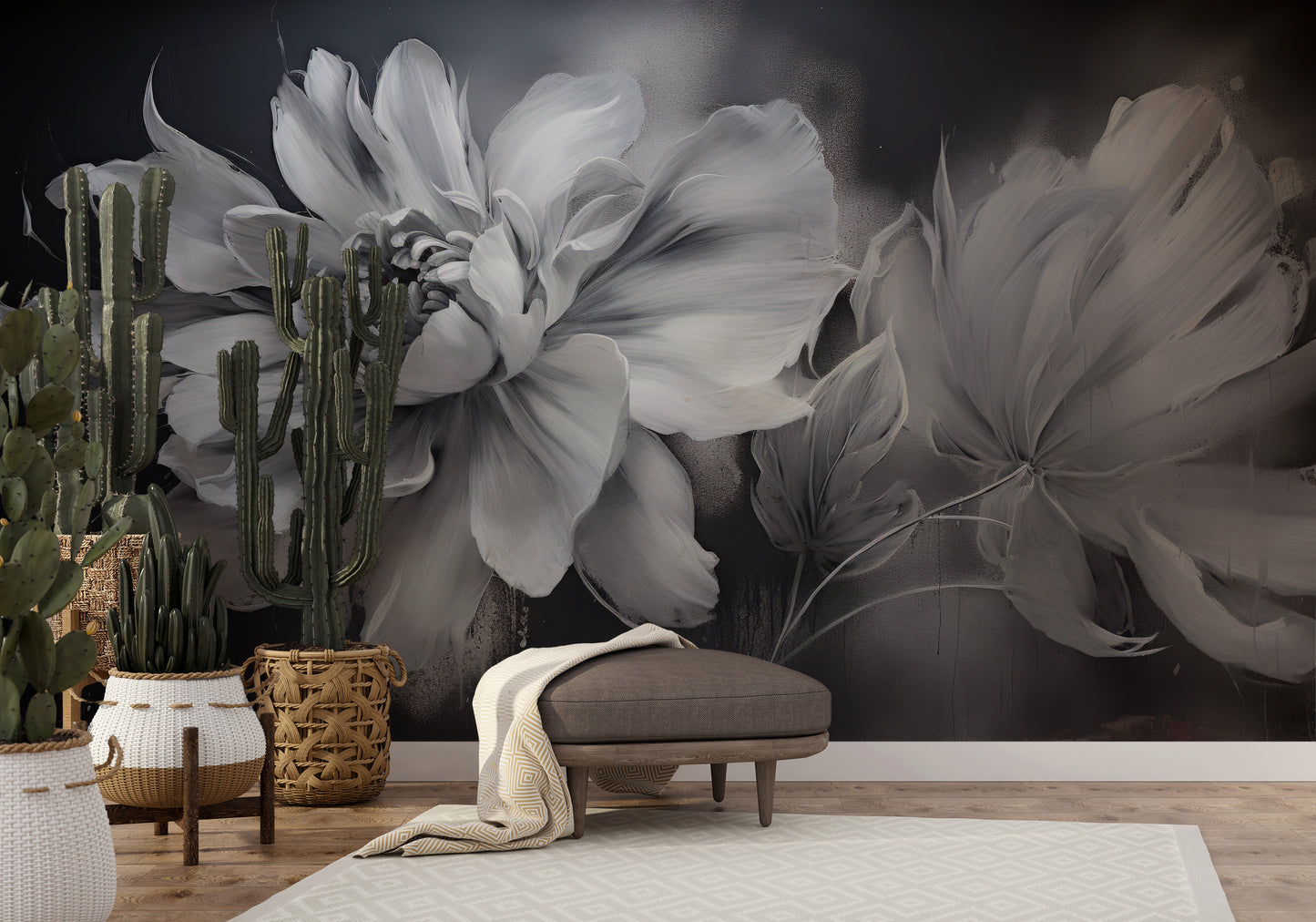 Fototapeta artystyczna o nazwie NOCTURNAL FLORAL WHISPERS pokazana w aranżacji wnętrza.