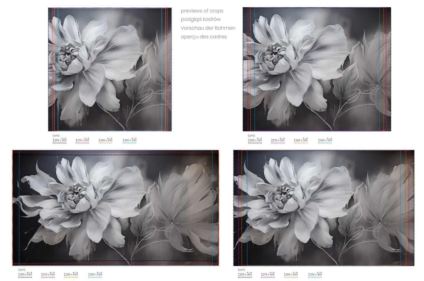Na obrazie znajduje się prezentacja przykładowych rozmiarów fototapety o nazwie NOCTURNAL FLORAL WHISPERS. Rozmiar fototapety jest dowolny.
