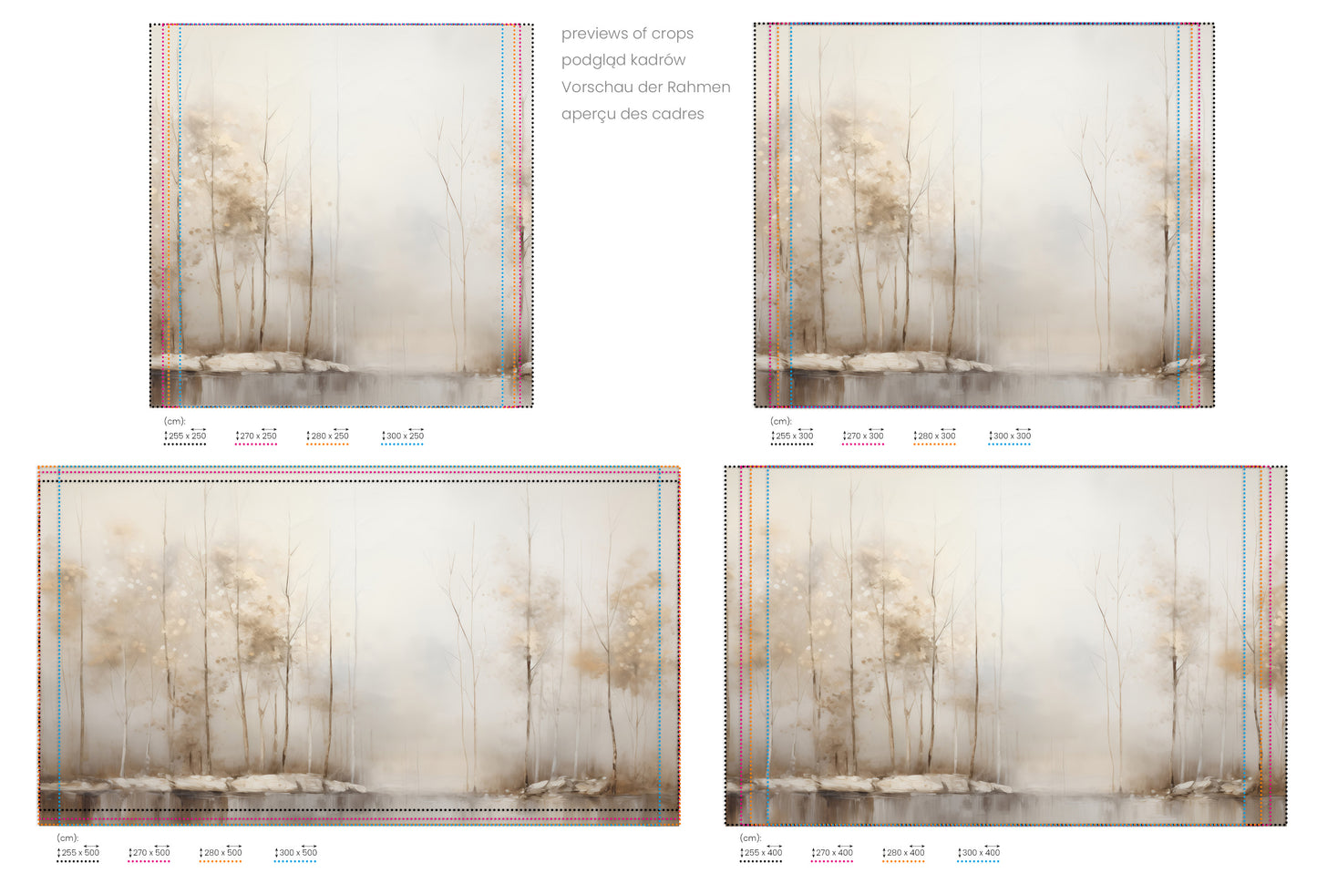 Na obrazie znajduje się prezentacja przykładowych rozmiarów fototapety o nazwie GOLDEN MIST AT DAWN MURAL. Rozmiar fototapety jest dowolny.