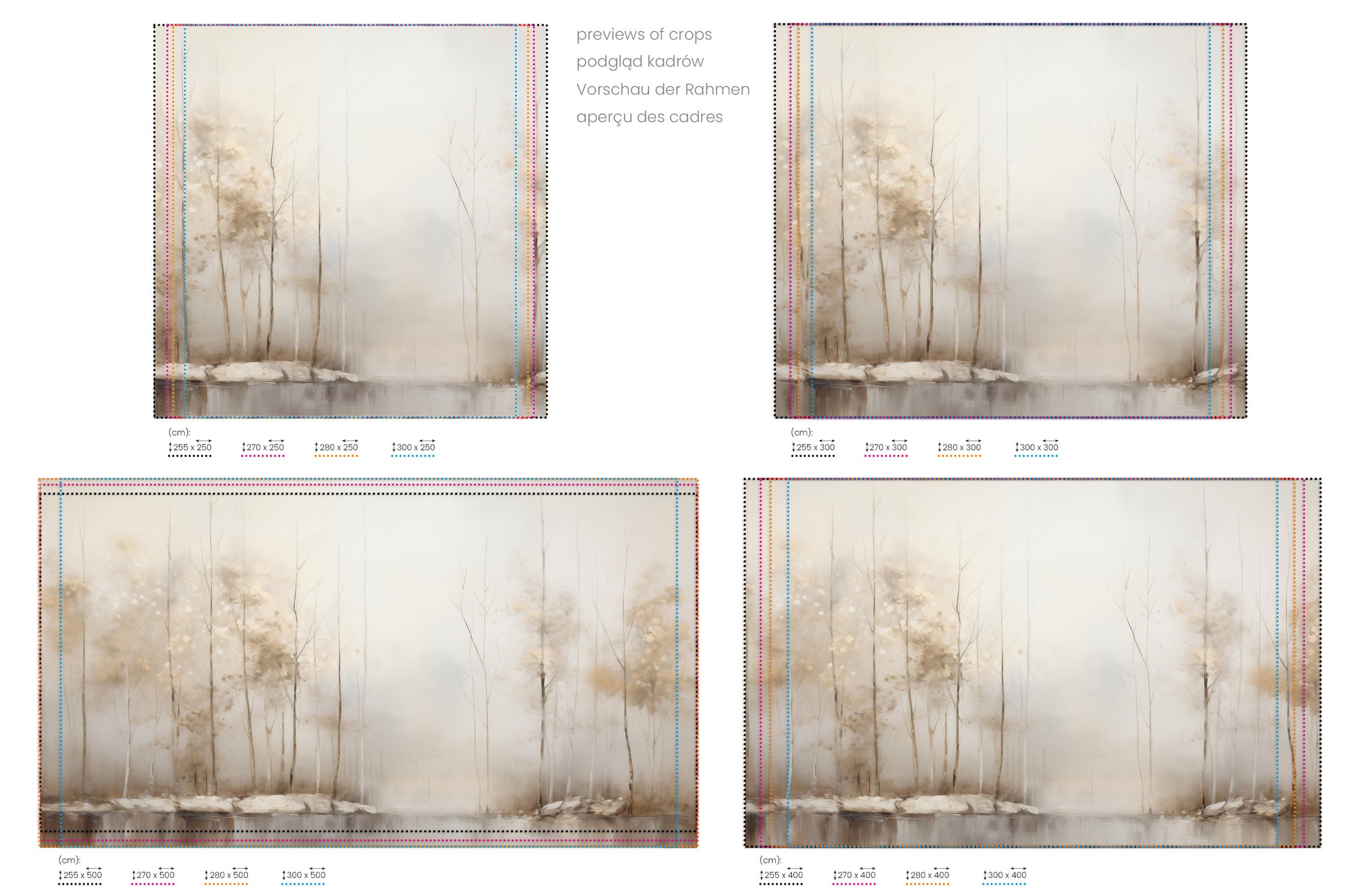 Na obrazie znajduje się prezentacja przykładowych rozmiarów fototapety o nazwie GOLDEN MIST AT DAWN MURAL. Rozmiar fototapety jest dowolny.