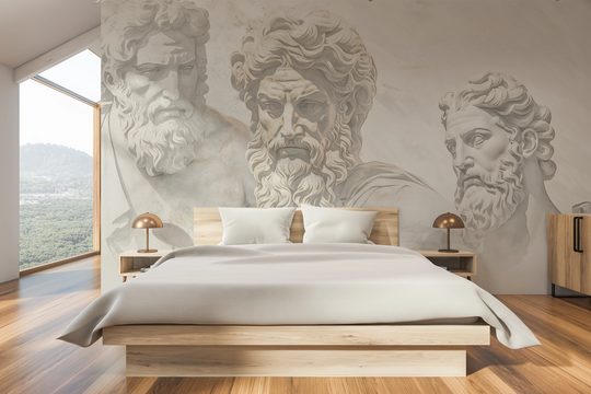 Wzór fototapety artystycznej o nazwie Titans of Thought pokazanej w aranżacji wnętrza.