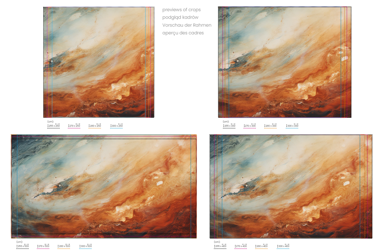 Na obrazie znajduje się prezentacja przykładowych rozmiarów fototapety o nazwie Jupiter's Glow. Rozmiar fototapety jest dowolny.