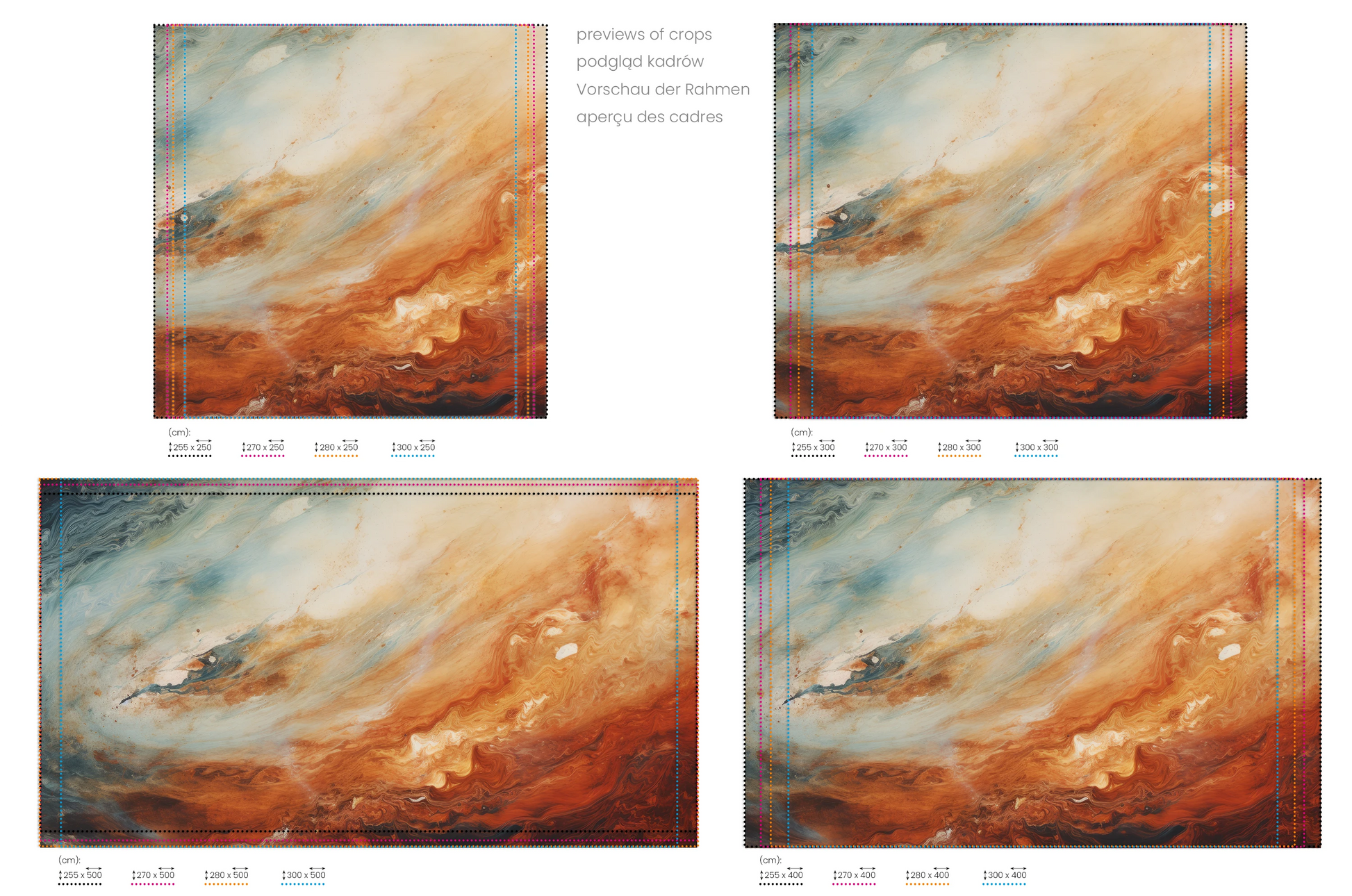 Na obrazie znajduje się prezentacja przykładowych rozmiarów fototapety o nazwie Jupiter's Glow. Rozmiar fototapety jest dowolny.