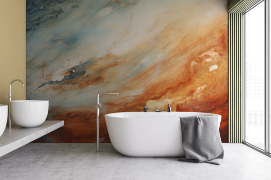 Wzór fototapety artystycznej o nazwie Jupiter's Glow pokazanej w aranżacji wnętrza.