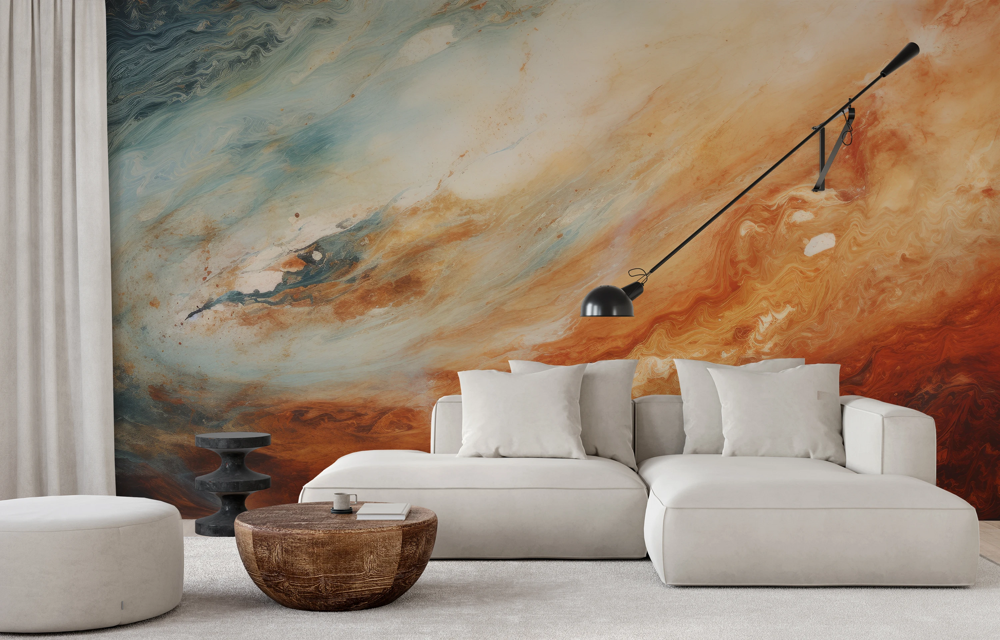 Wzór fototapety o nazwie Jupiter's Glow pokazanej w kontekście pomieszczenia.